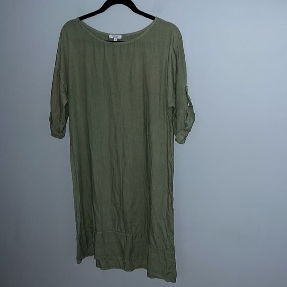 Made in Italy women size Small midi olive green  dress 100% linen Lagenlook - Picture 5 of 9